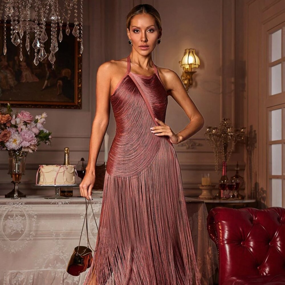Elegant Halter Fringe Dress in Pink
